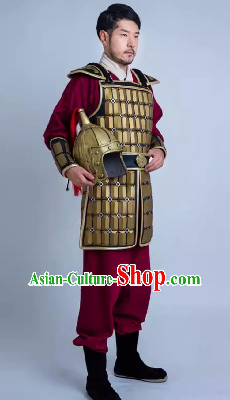 Traditional Stage Performance Warrior Costume China Qin Dynasty Hero Golden Armor and Helmet Ancient Chinese Clothing