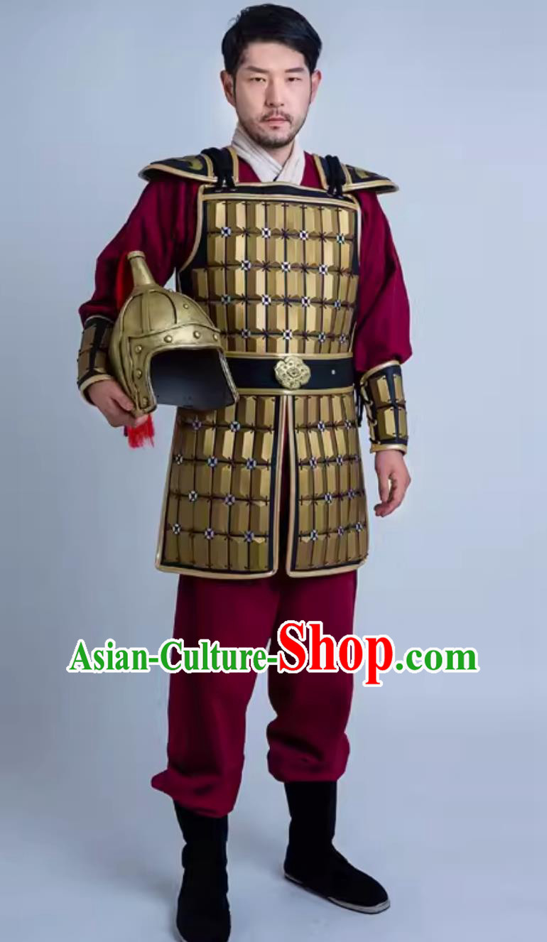 Traditional Stage Performance Warrior Costume China Qin Dynasty Hero Golden Armor and Helmet Ancient Chinese Clothing