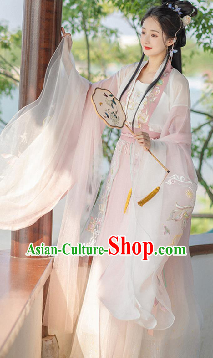 China Traditional Hanfu Embroidered Pink Dress Ancient Chinese Clothing Southern and Northern Dynasties Young Woman Costume