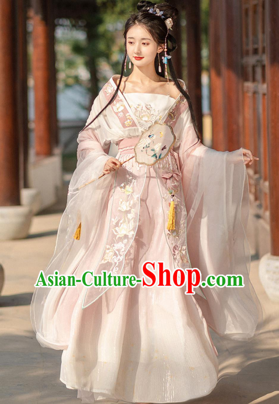 China Traditional Hanfu Embroidered Pink Dress Ancient Chinese Clothing Southern and Northern Dynasties Young Woman Costume