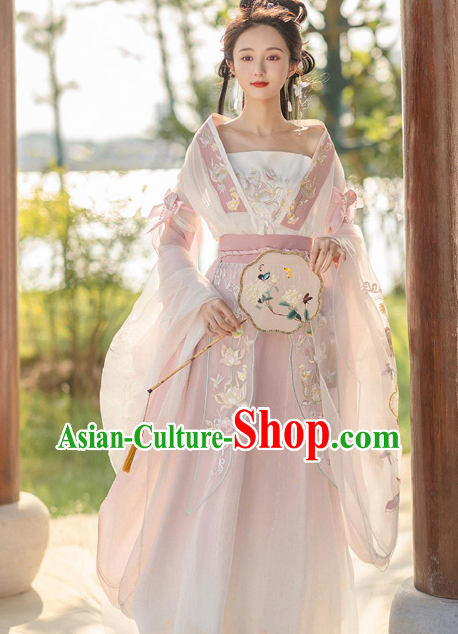 China Traditional Hanfu Embroidered Pink Dress Ancient Chinese Clothing Southern and Northern Dynasties Young Woman Costume