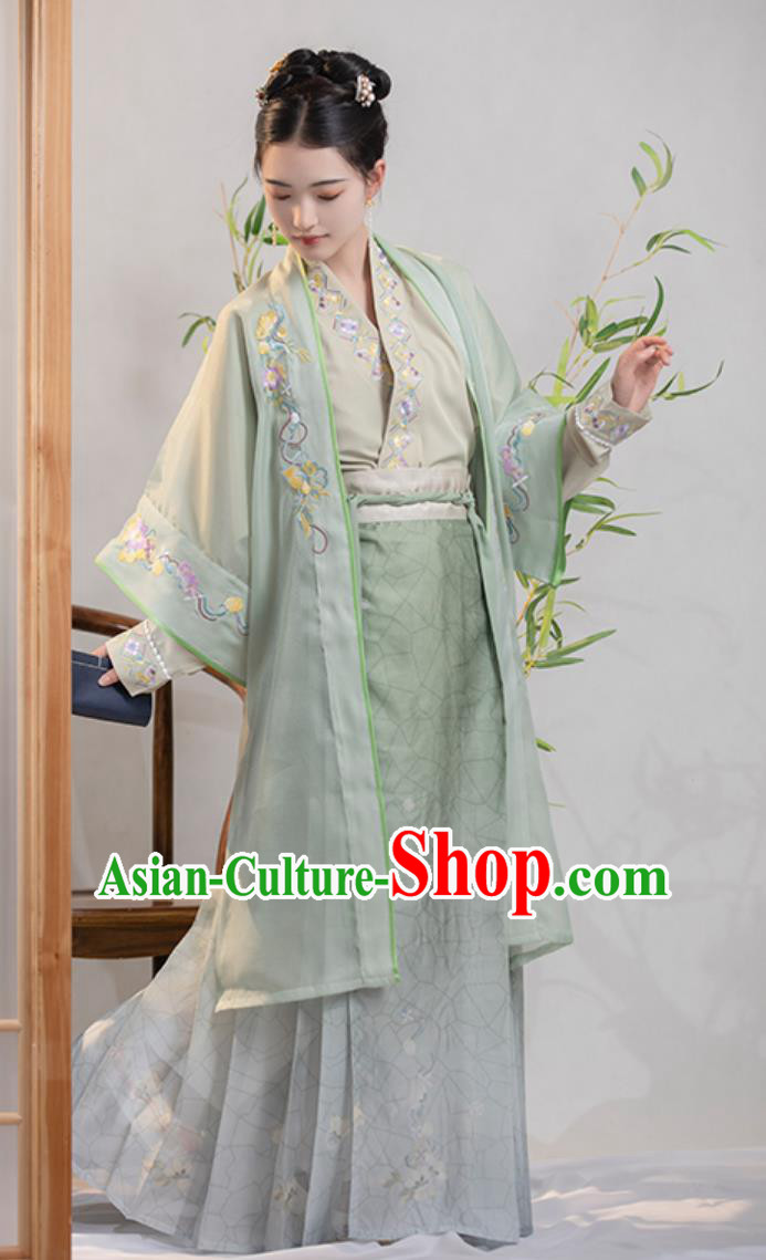 China Song Dynasty Young Woman Costume Traditional Hanfu Embroidered Green Outfit Ancient Chinese Clothing