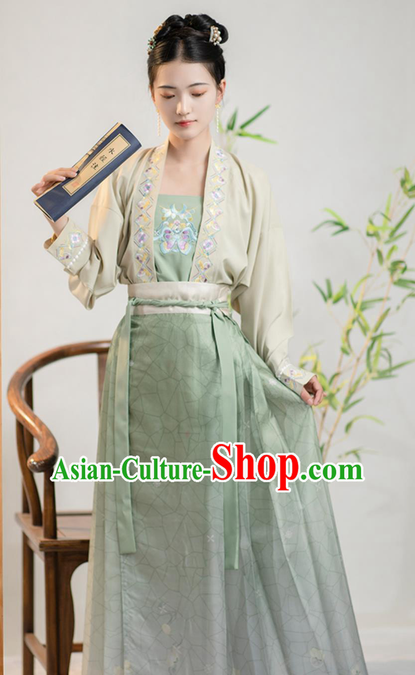 China Song Dynasty Young Woman Costume Traditional Hanfu Embroidered Green Outfit Ancient Chinese Clothing