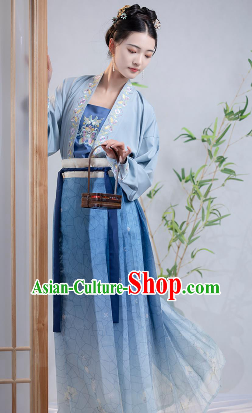 Traditional Hanfu Blue Outfit China Song Dynasty Young Lady Clothing Ancient Woman Costume