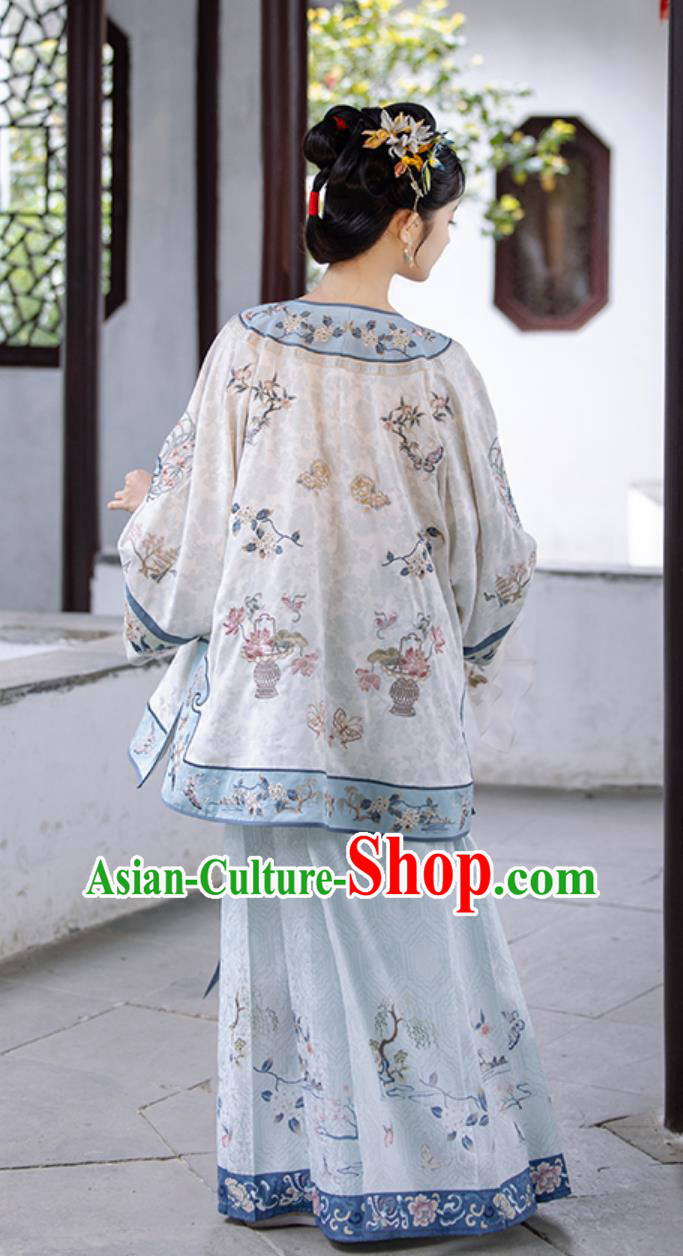 Ancient Chinese Clothing China Qing Dynasty Young Woman Costume Embroidered Blouse and Mamian Skirt Complete Set