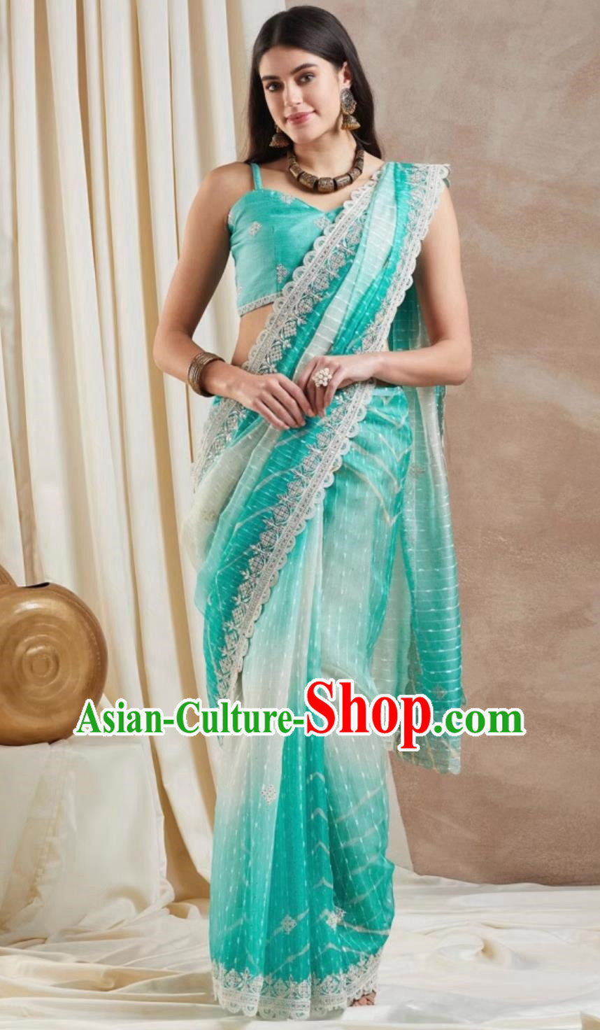 Traditional Festival Sky Blue Sari Dress India Woman Embroidery Costume Indian National Clothing