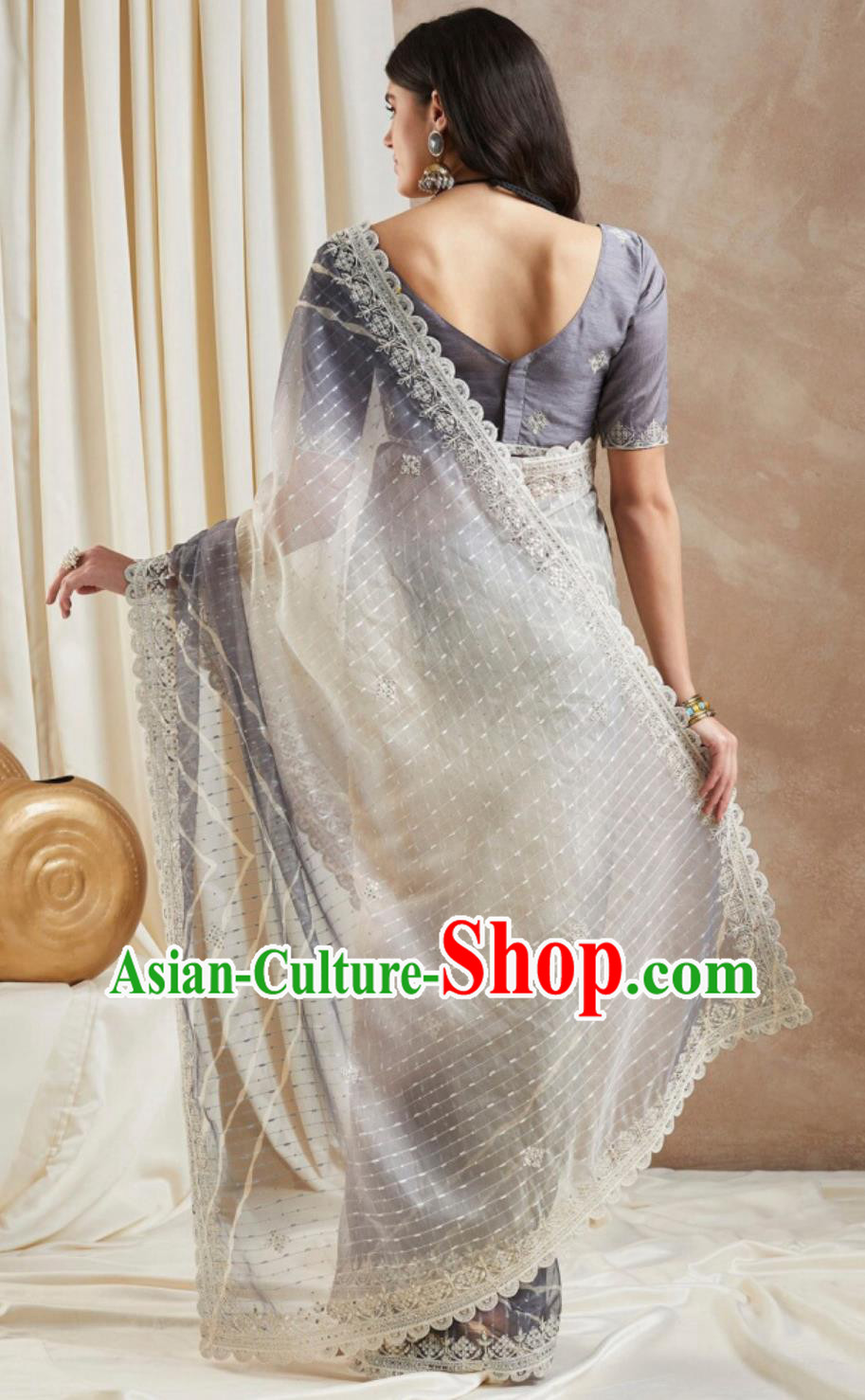 Indian National Clothing Traditional Festival Grey Sari Dress India Woman Embroidery Costume