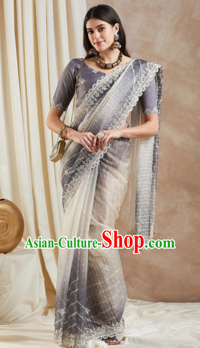 Indian National Clothing Traditional Festival Grey Sari Dress India Woman Embroidery Costume