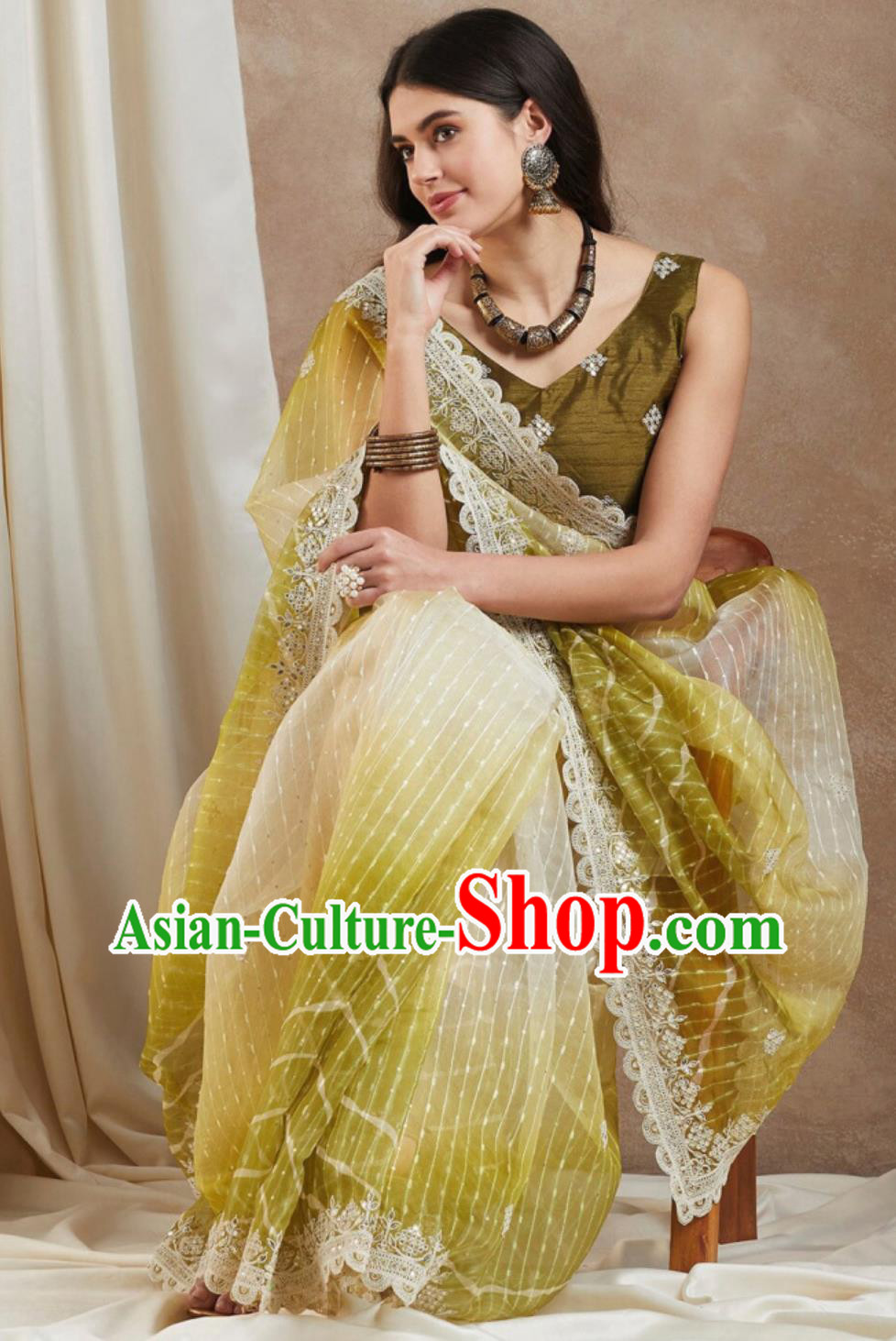 India Woman Embroidery Costume Indian National Clothing Traditional Festival Mustard Sari Dress
