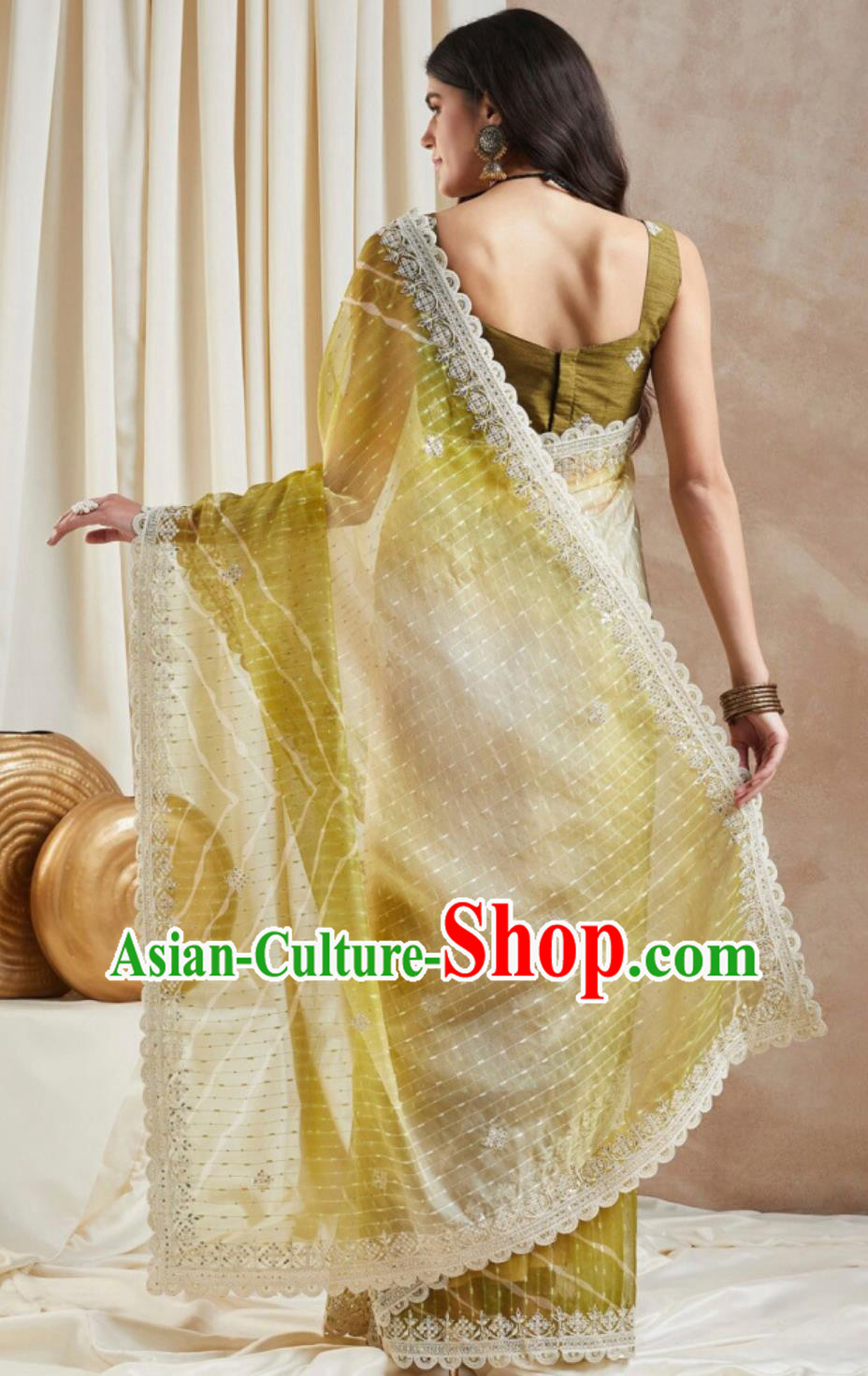 India Woman Embroidery Costume Indian National Clothing Traditional Festival Mustard Sari Dress