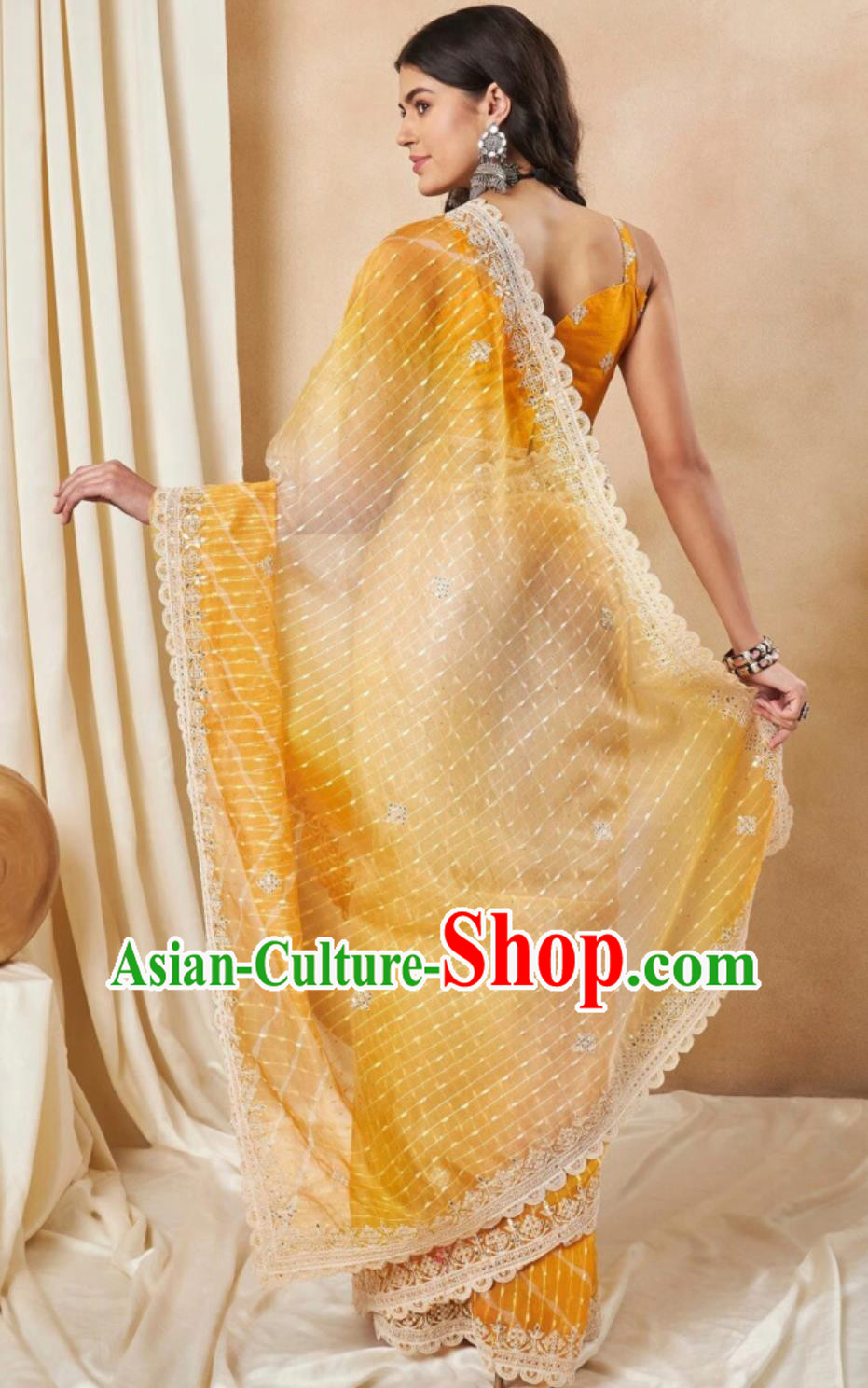 Traditional Festival Orange Sari Dress India Woman Embroidery Costume Indian National Clothing