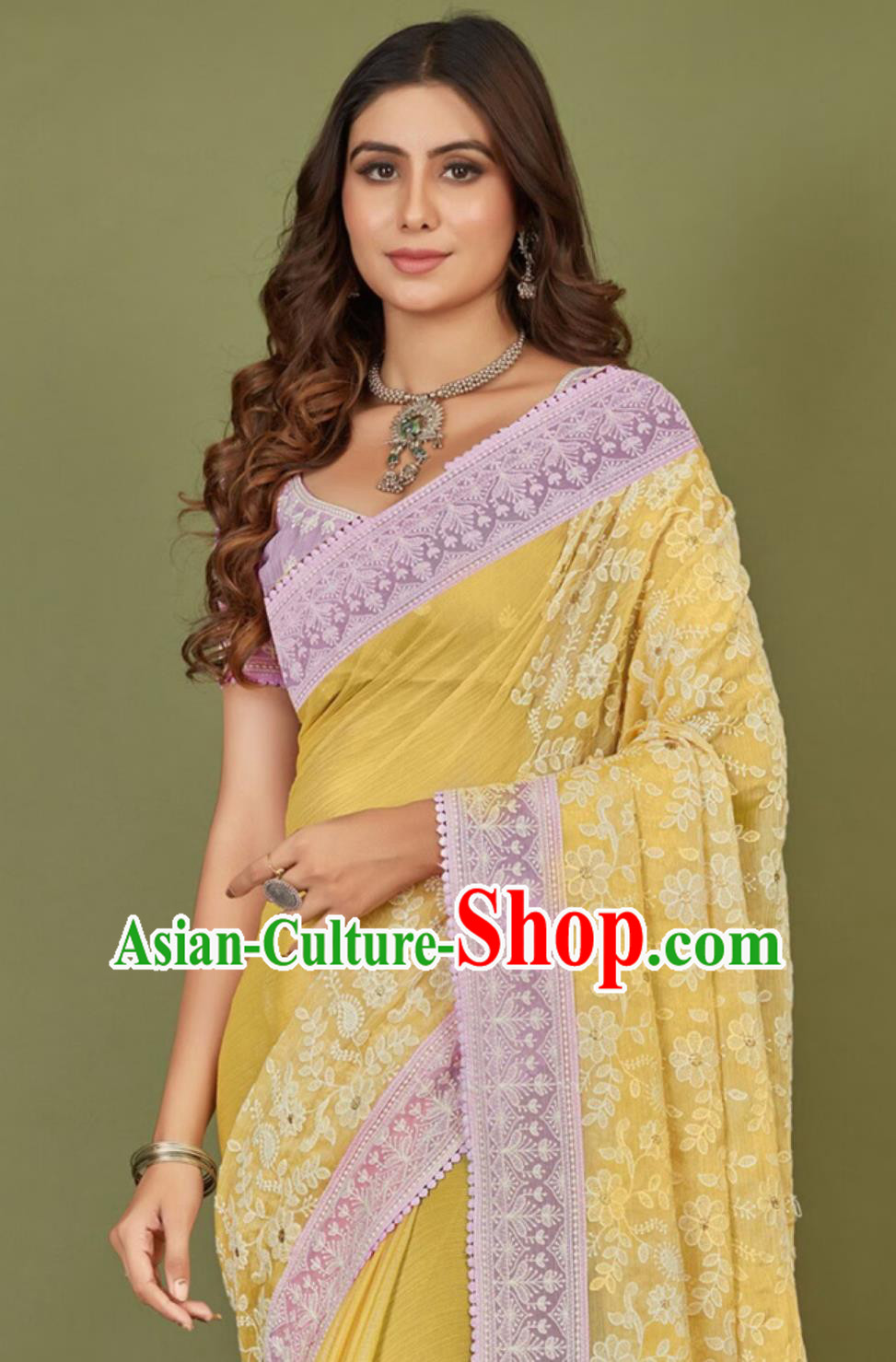 India Woman Summer Costume Indian National Clothing Traditional Festival Yellow Embroidered Sari Dress
