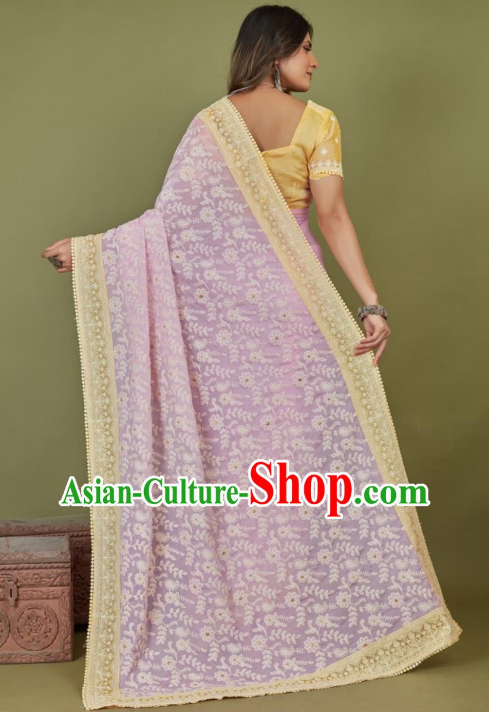 Indian National Clothing Traditional Festival Lilac Embroidered Sari Dress India Woman Summer Costume