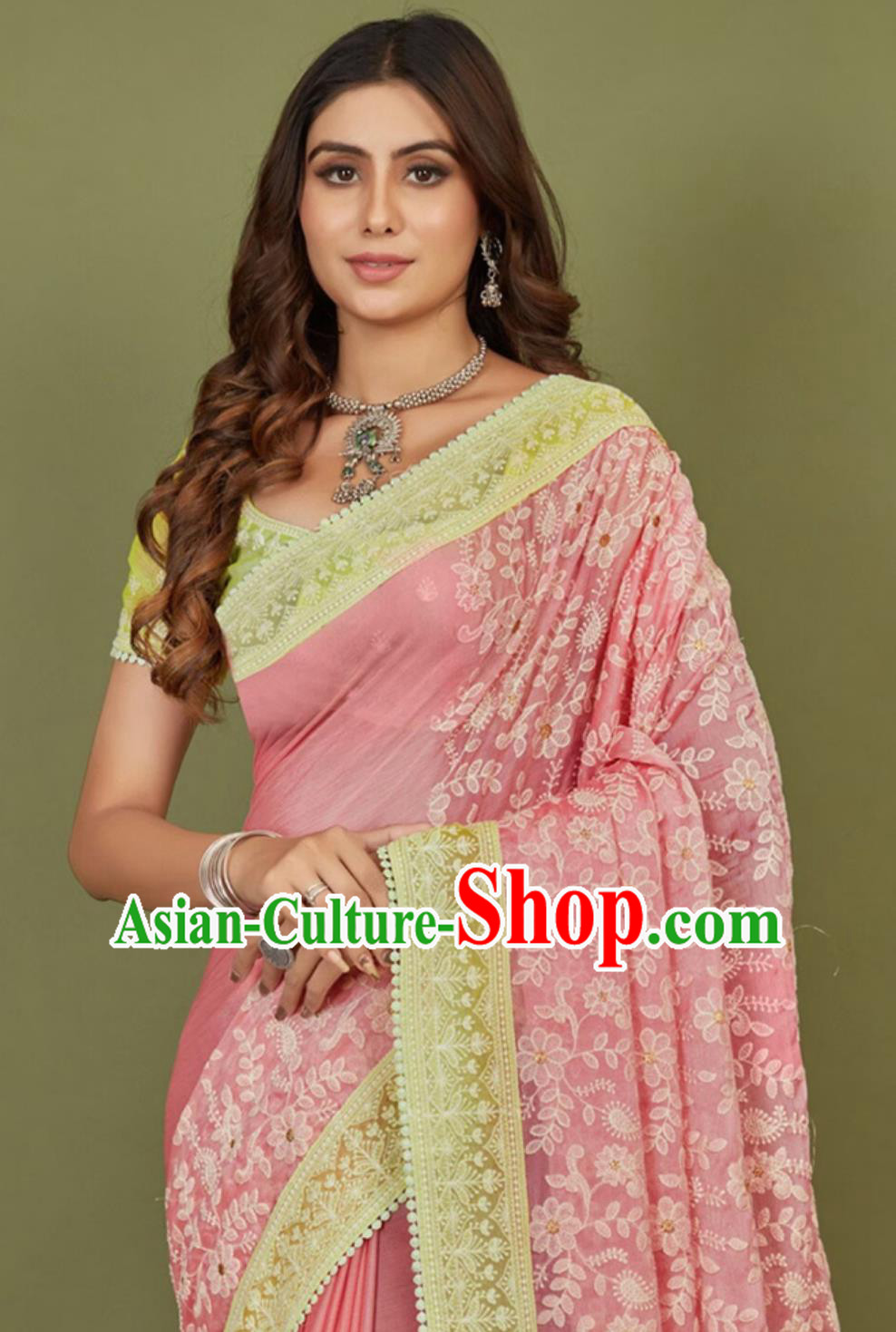 India Woman Summer Costume Indian National Clothing Traditional Festival Pink Embroidered Sari Dress