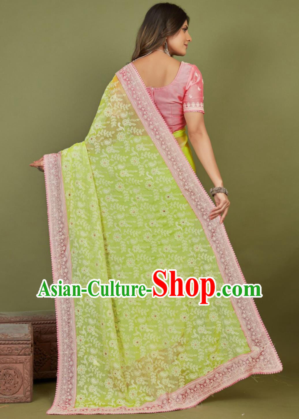 India Traditional Festival Green Embroidered Sari Dress Woman Summer Costume Indian National Clothing