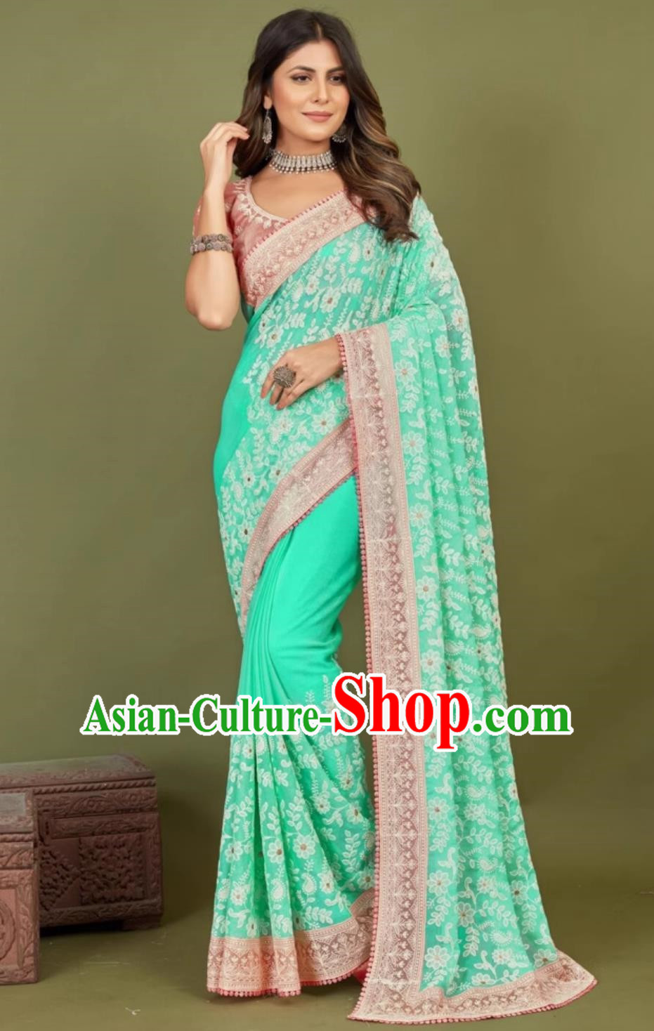 Indian National Clothing India Traditional Festival Lake Green Embroidered Sari Dress Woman Summer Costume