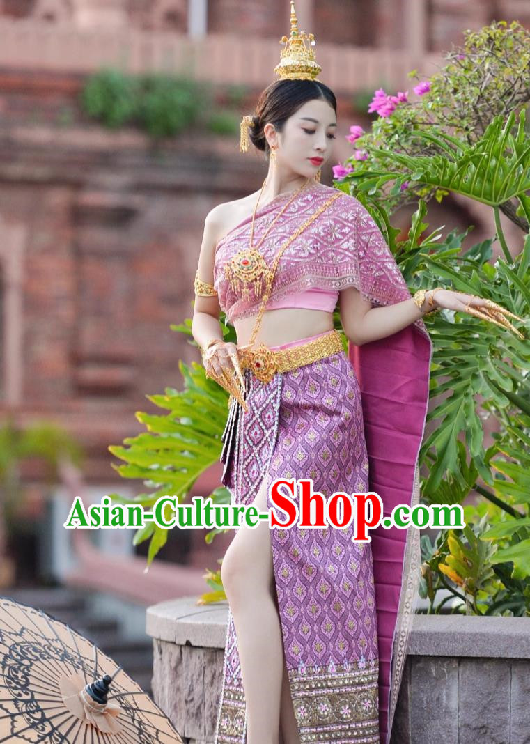 Purple Thailand Costume Chinese Dai Princess Clothing Women Handmade Beaded Bra Skirt with Split Complete Set