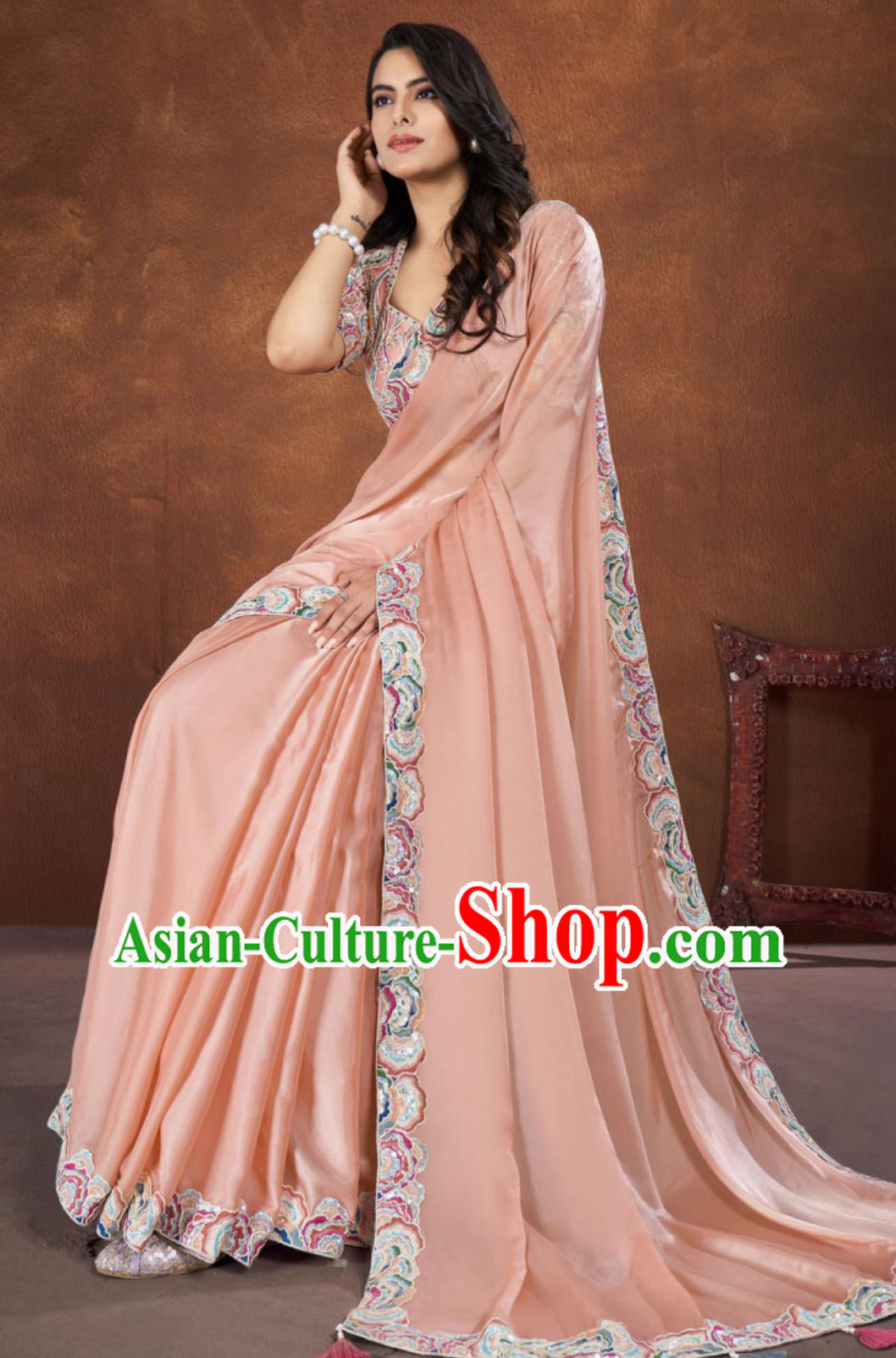 Indian National Costume Traditional Women Clothing Embroidery Peach Pink Dress Festival Sari