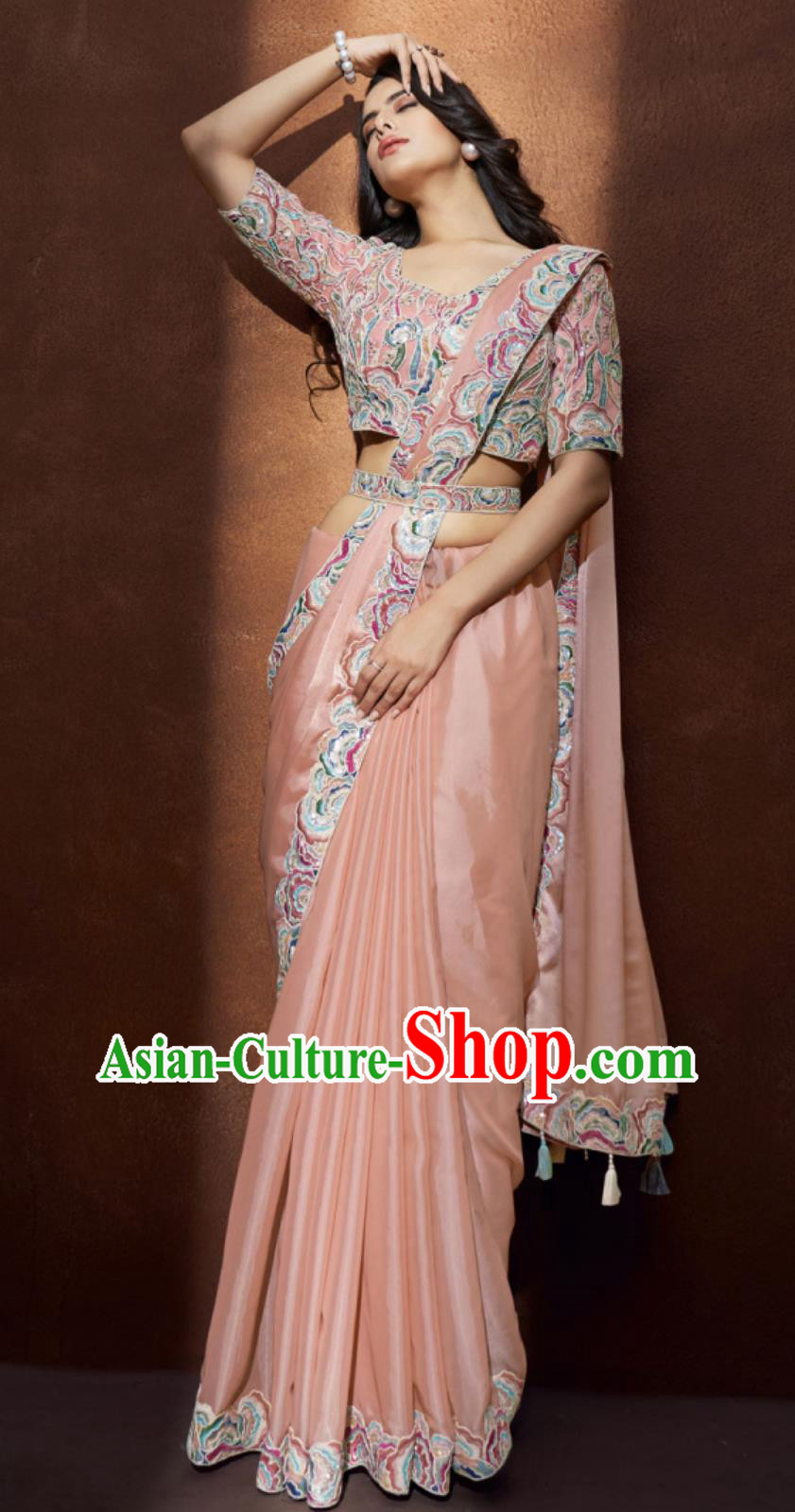 Indian National Costume Traditional Women Clothing Embroidery Peach Pink Dress Festival Sari