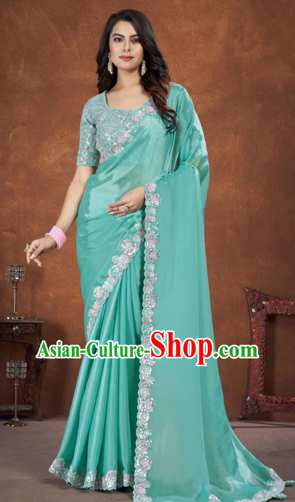 Indian Traditional Women Clothing Embroidery Lake Blue Dress Festival Sari National Costume