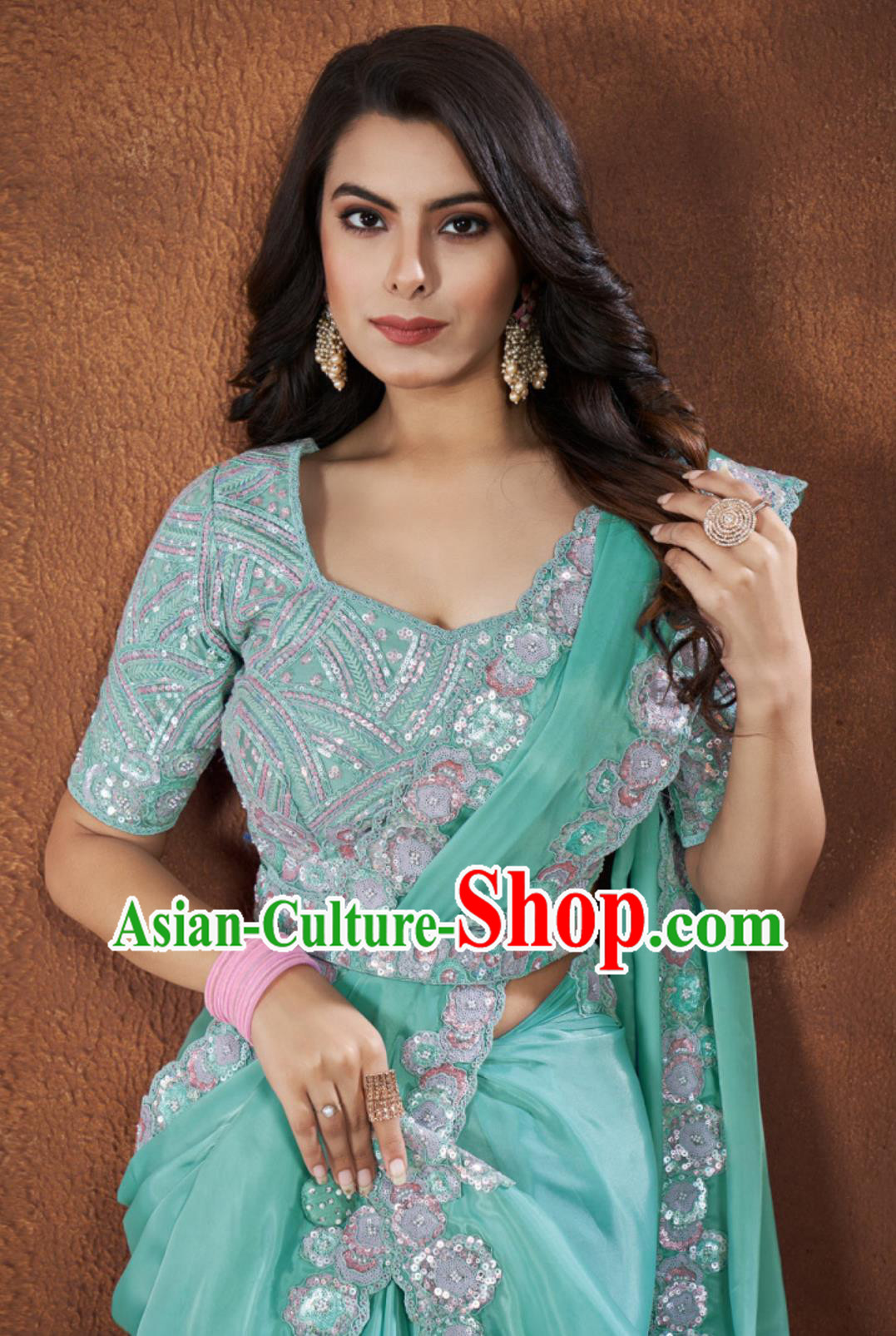Indian Traditional Women Clothing Embroidery Lake Blue Dress Festival Sari National Costume