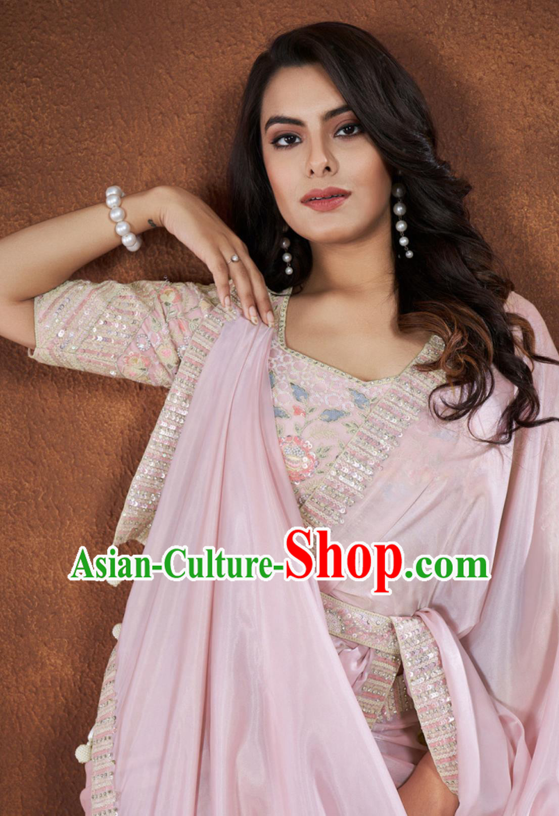 India National Costume Indian Traditional Women Clothing Embroidery Light Pink Dress Festival Sari