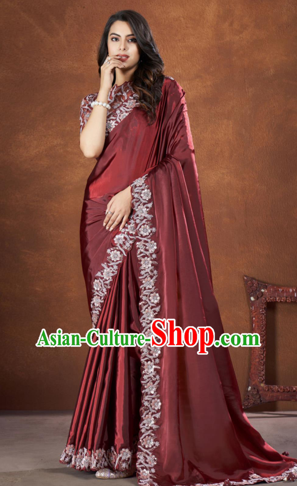 India Festival Sari National Costume Indian Traditional Women Clothing Embroidery Crimson Dress