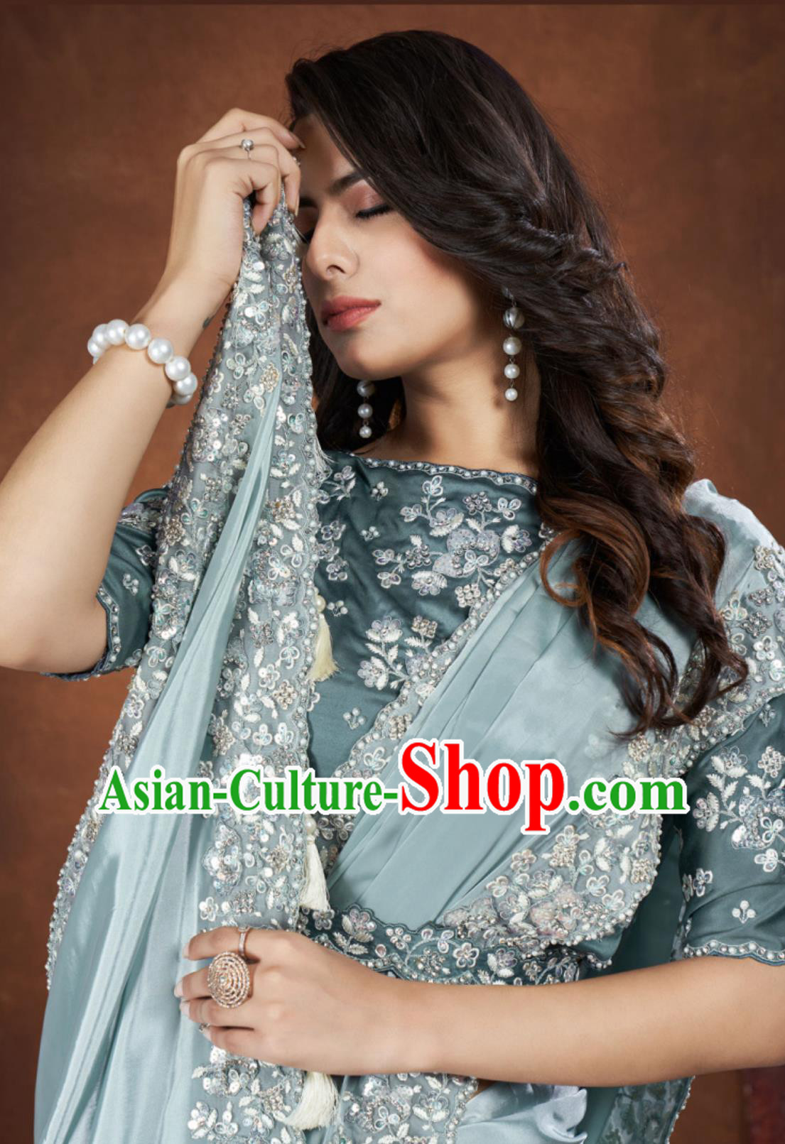 India Embroidery Light Blue Dress Festival Sari National Costume Indian Traditional Women Clothing