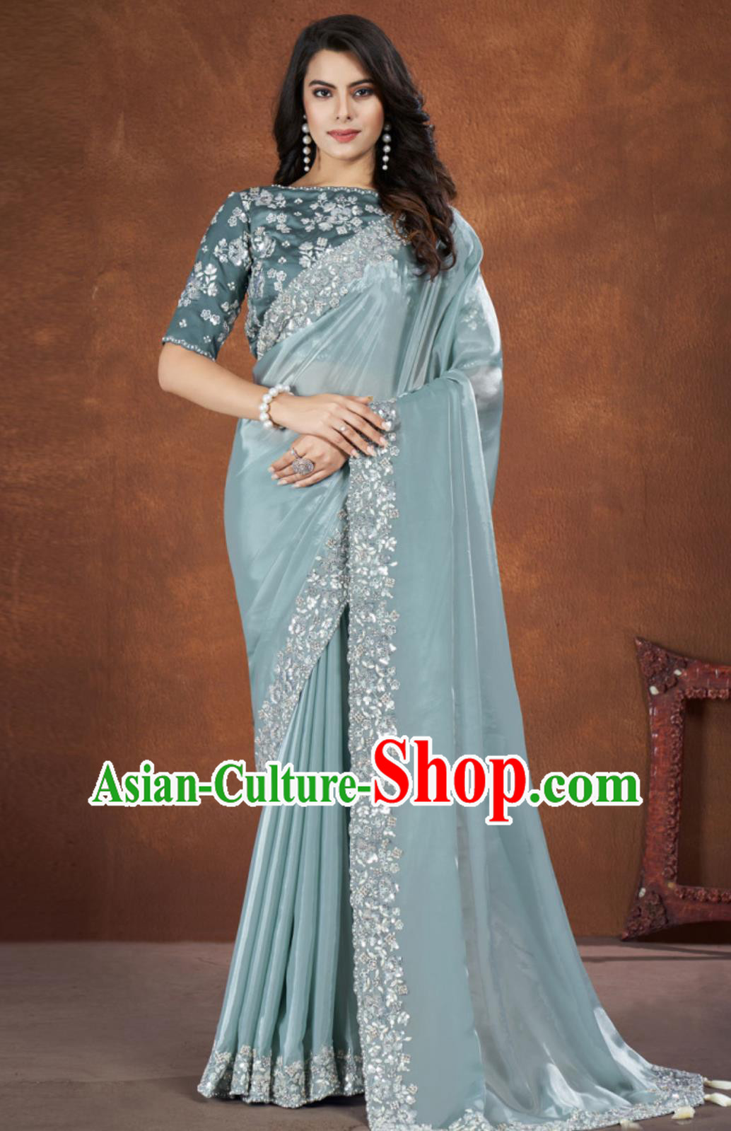 India Embroidery Light Blue Dress Festival Sari National Costume Indian Traditional Women Clothing