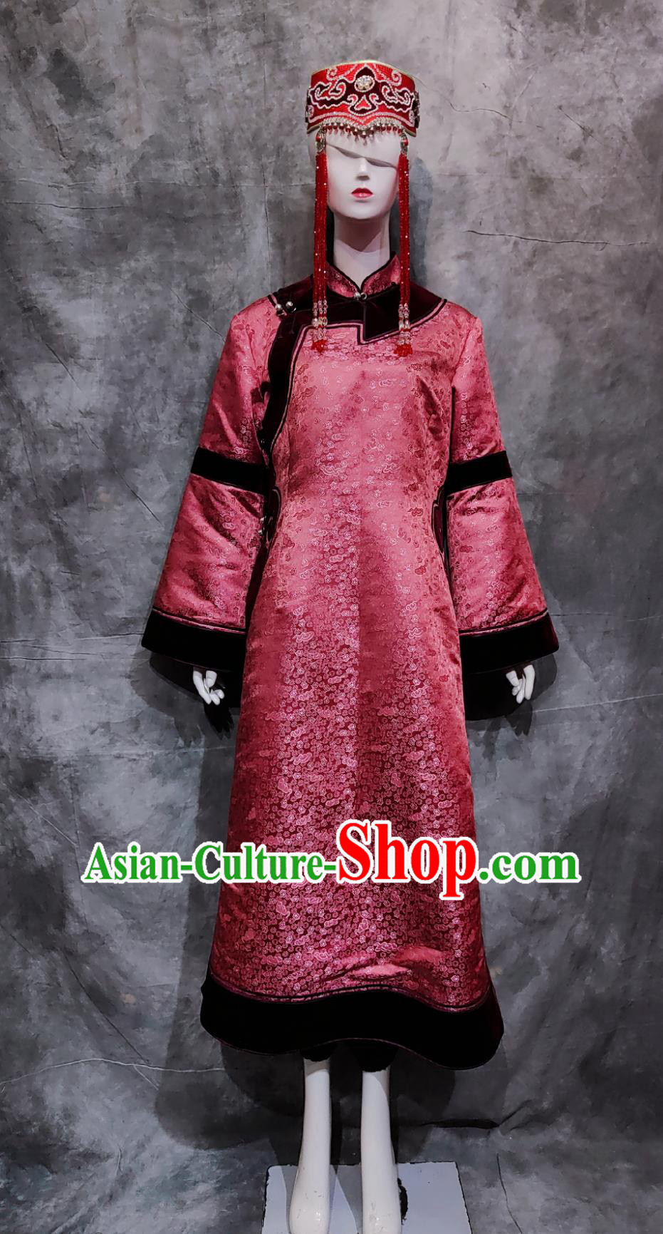 Chinese Daghur Ethnic Festival Costume China Daur National Minority Woman Clothing Traditional Dance Deep Pink Dress