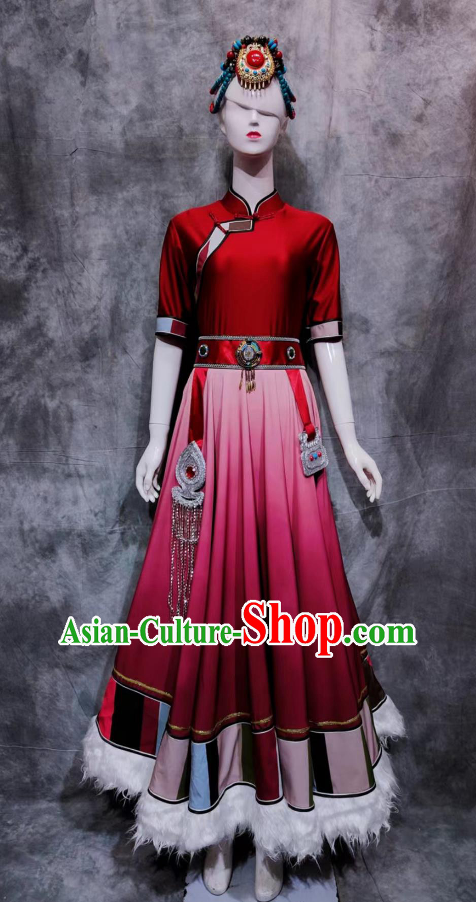 China Zang National Minority Woman Clothing Traditional Stage Show Dress Chinese Tibetan Ethnic Festival Costume