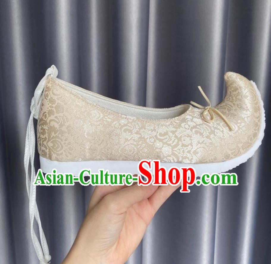 Handmade China Song Dynasty Empress Curved Toe Shoes Traditional Hanfu Stage Show Shoes Ancient Chinese Princess Champagne Shoes