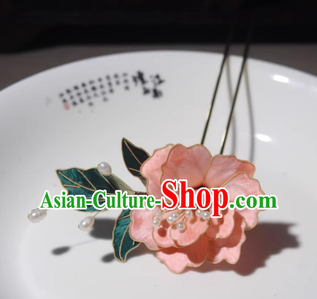 Handmade China Ming Dynasty Court Woman Pink Peony Hair Clip Traditional Hanfu Hair Jewelry Ancient Chinese Empress Silk Hairpin