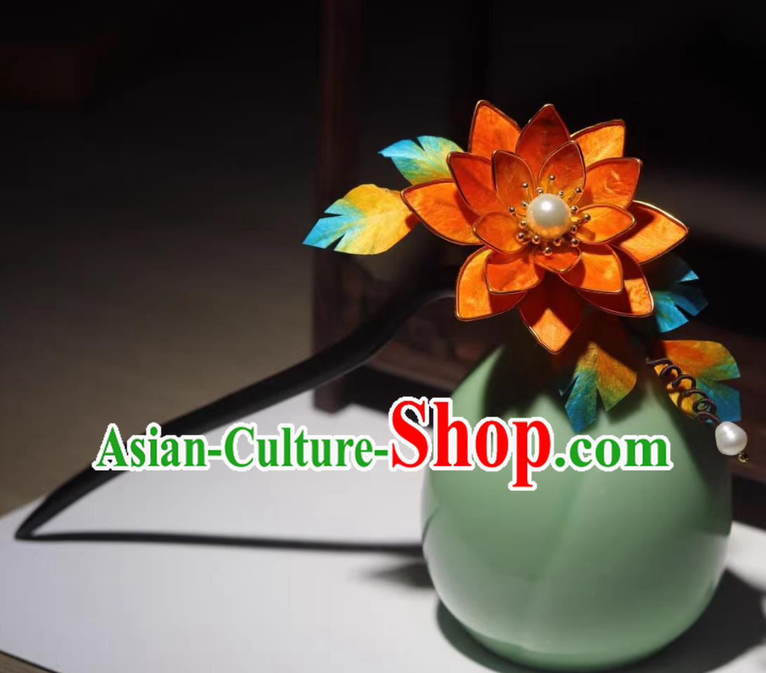 Ancient Chinese Princess Ebony Hairpin Handmade China Ming Dynasty Silk Lotus Hair Clip Traditional Hanfu Hair Jewelry