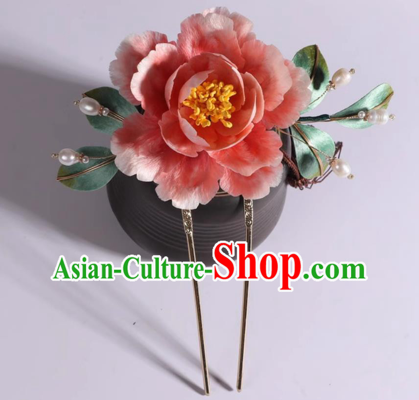 Traditional Hanfu Hair Jewelry Handmade Chinese Silk Peony Hairpin China Qing Dynasty Palace Lady Hair Clip