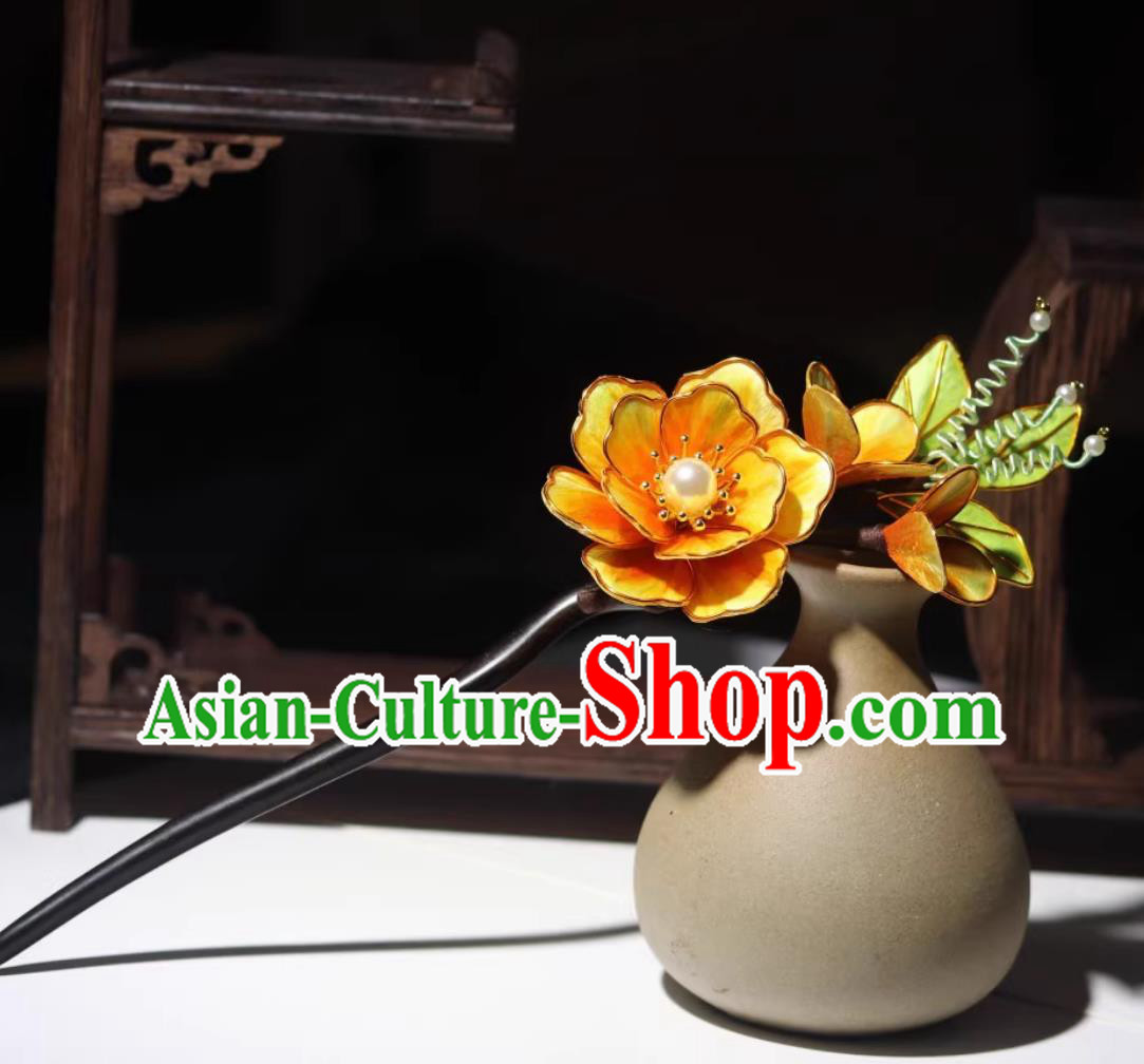 China Ebony Hairpin Traditional Intangible Heritage Artwork Handmade Hanfu Hair Jewelry Chinese Cheongsam Orange Silk Flower Hair Clip