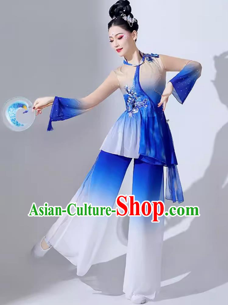 Chinese Classical Dance Costume Umbrella Dance Blue Outfit Women Group Performance Clothing