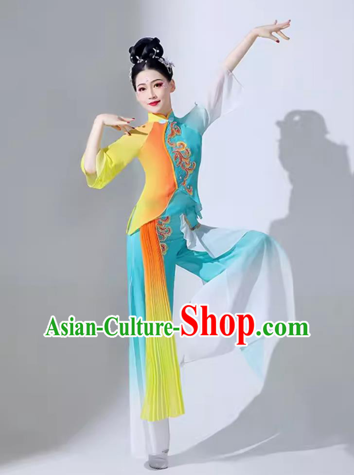 Women Group Performance Clothing Chinese Classical Dance Costume Umbrella Dance Blue Outfit