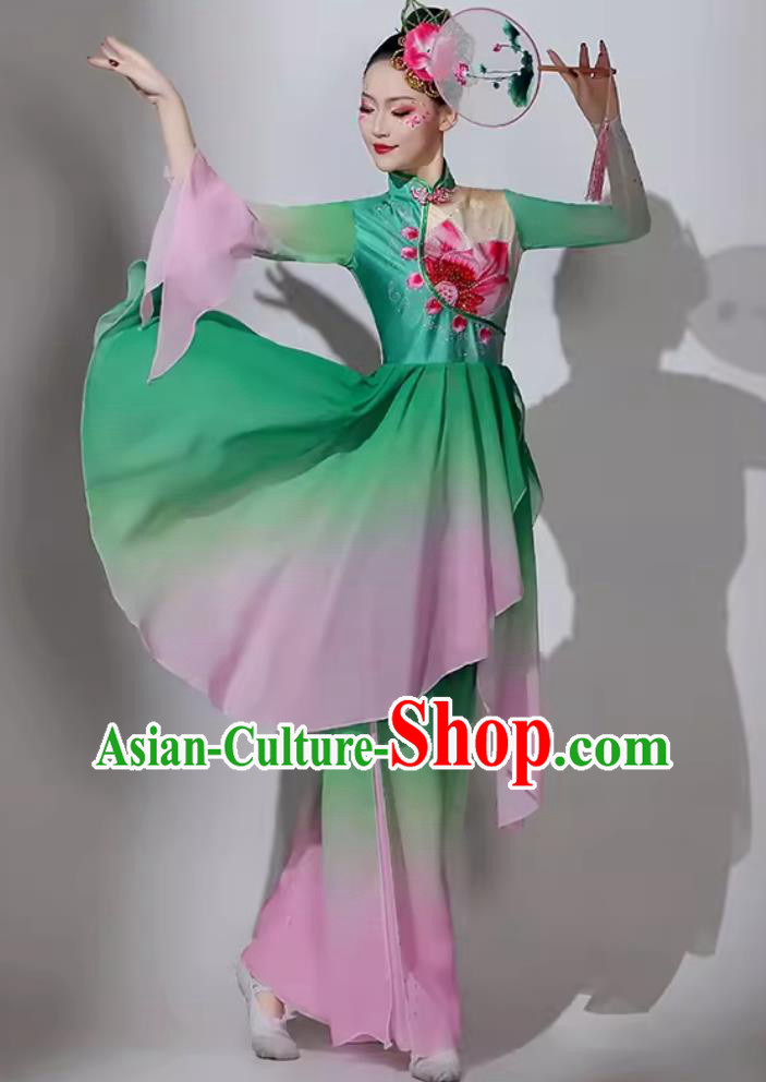 Chinese Classical Dance Costume Traditional Lotus Dance Green Dress Women Group Performance Clothing
