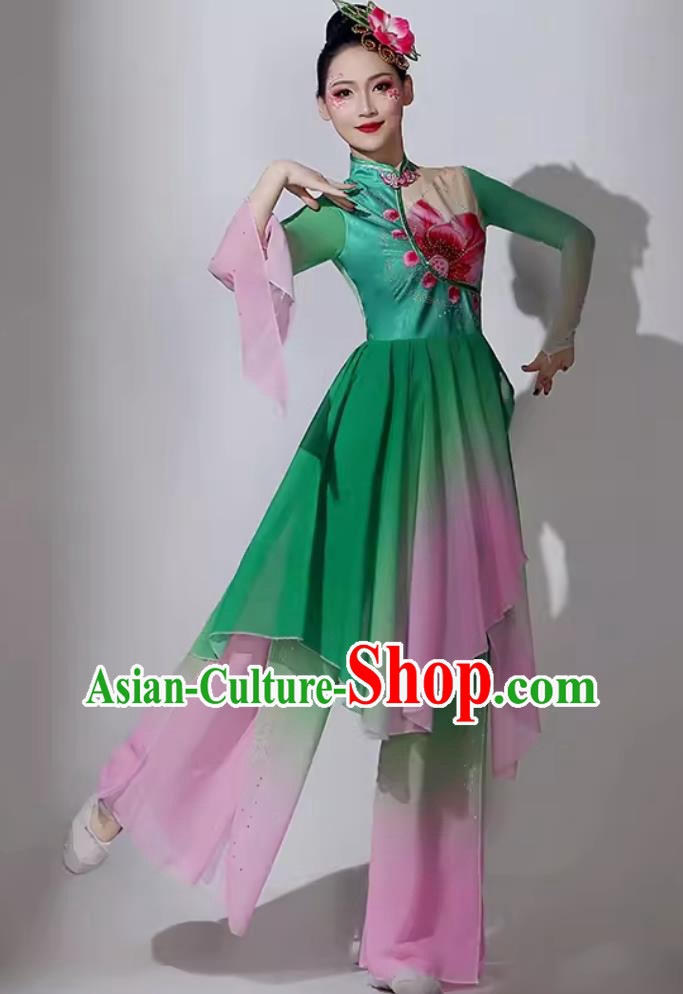 Chinese Classical Dance Costume Traditional Lotus Dance Green Dress Women Group Performance Clothing
