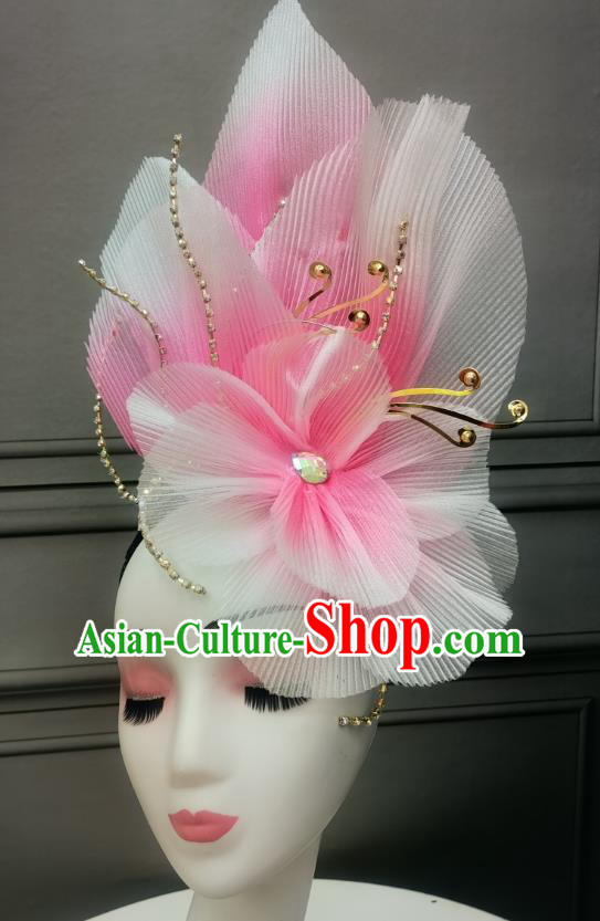Handmade China Classical Dance Headdress Chinese Opening Dance Pink Flower Headpiece