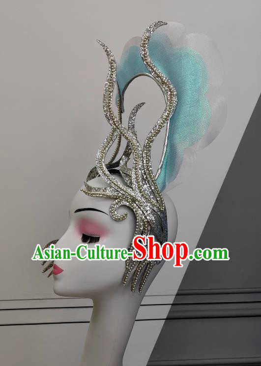 Top Stage Performance Headdress China Opening Dance Light Blue Hat Handmade Classical Dance Headwear