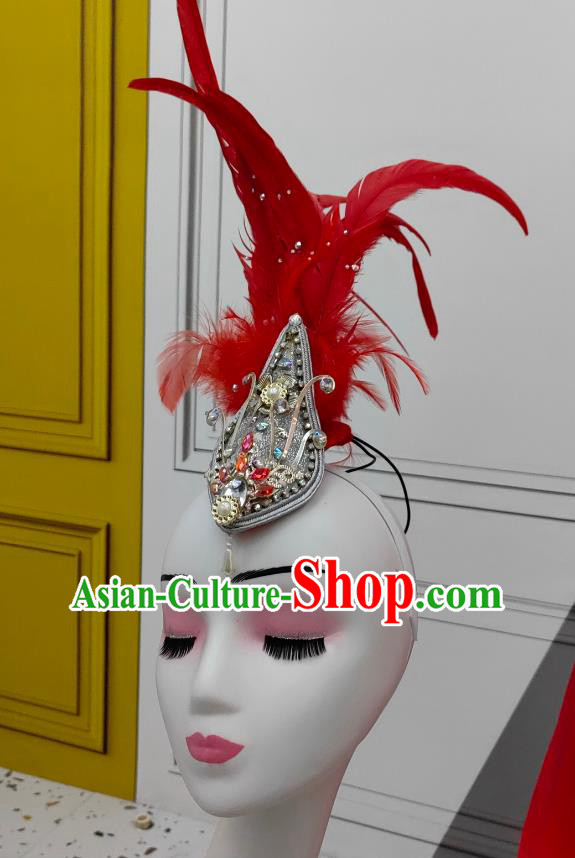 Woman Stage Performance Headdress China Opening Dance Red Feather Hat Handmade Classical Dance Headwear