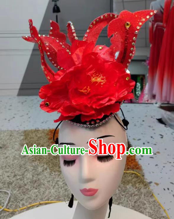 Top Stage Performance Headwear Handmade Classical Dance Red Peony Hat Chinese Opening Dance Hair Jewelry