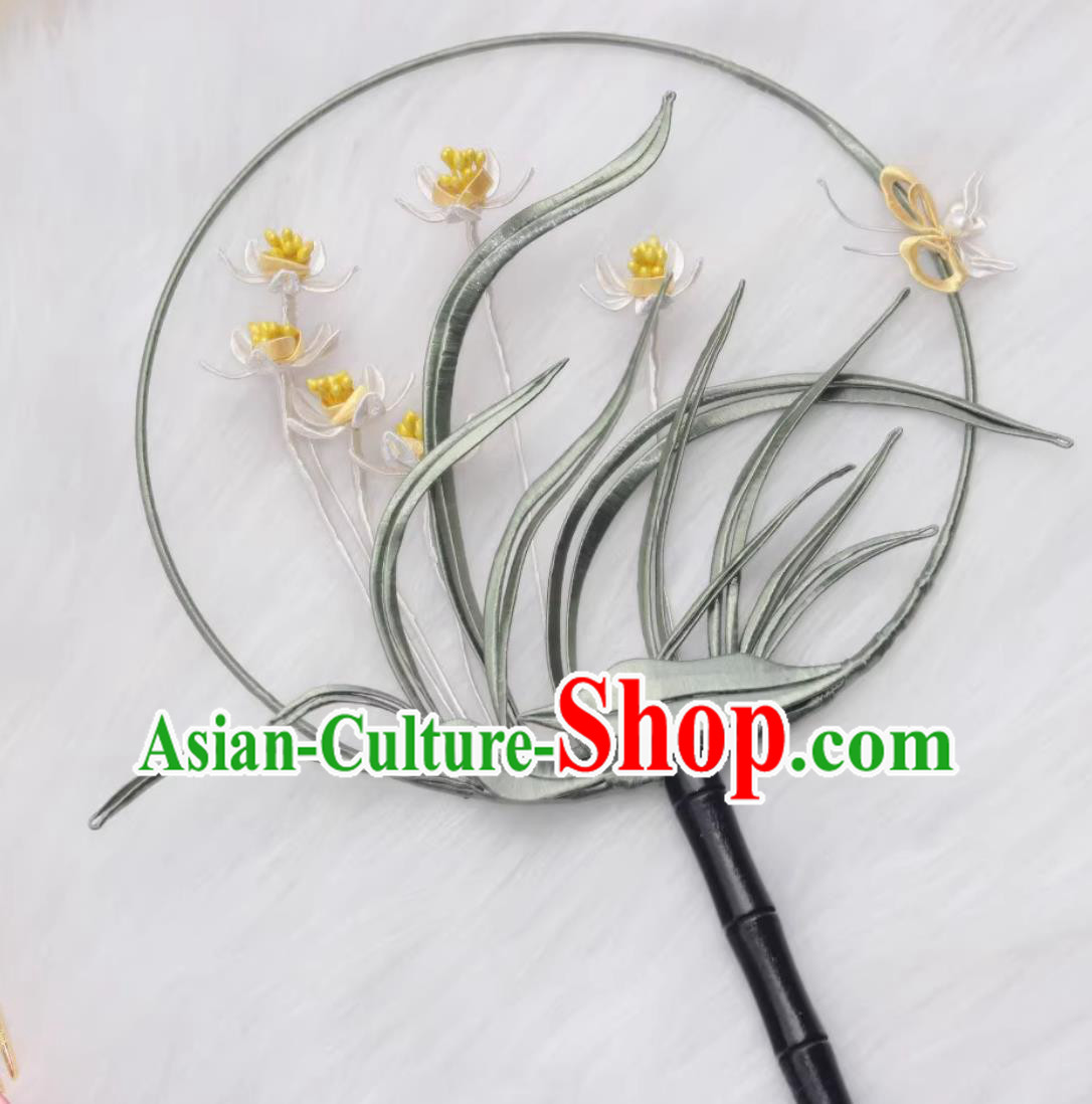 Handmade Palace Fan Traditional Classical Embroidered Orchids Round Fan Chinese Hanfu Photography Prop