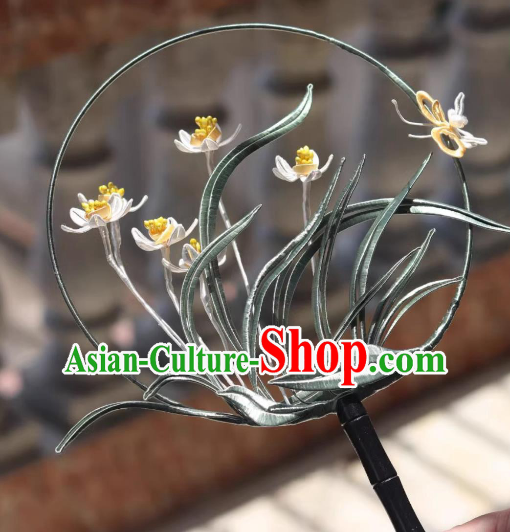 Handmade Palace Fan Traditional Classical Embroidered Orchids Round Fan Chinese Hanfu Photography Prop