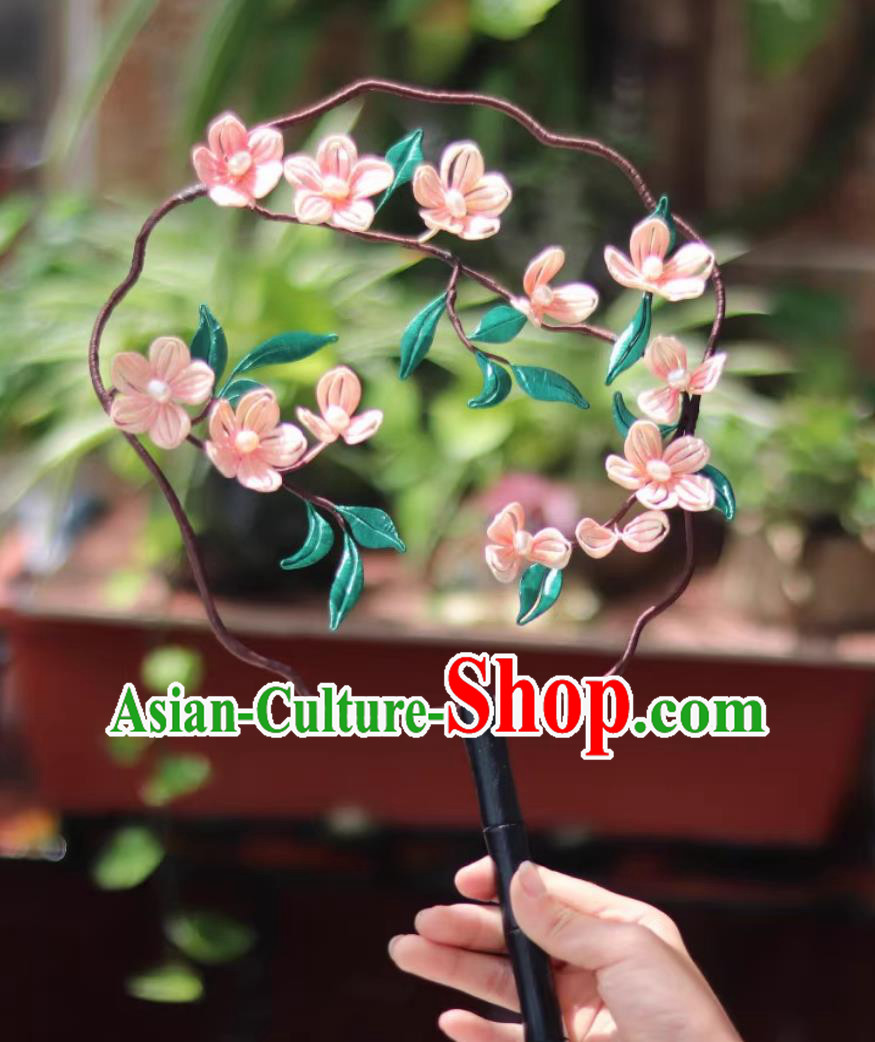 Traditional Classical Peach Blossom Round Fan Chinese Hanfu Photography Prop Handmade Silk Palace Fan