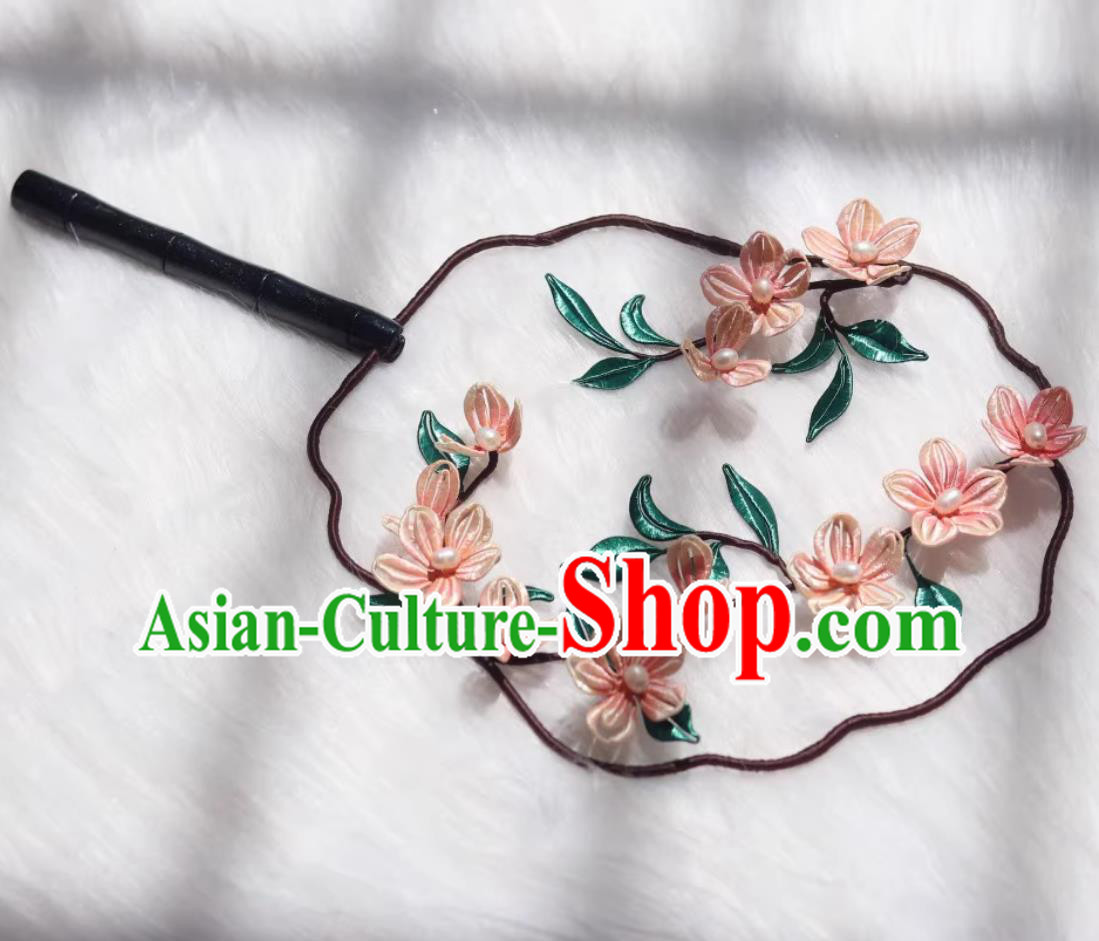 Traditional Classical Peach Blossom Round Fan Chinese Hanfu Photography Prop Handmade Silk Palace Fan