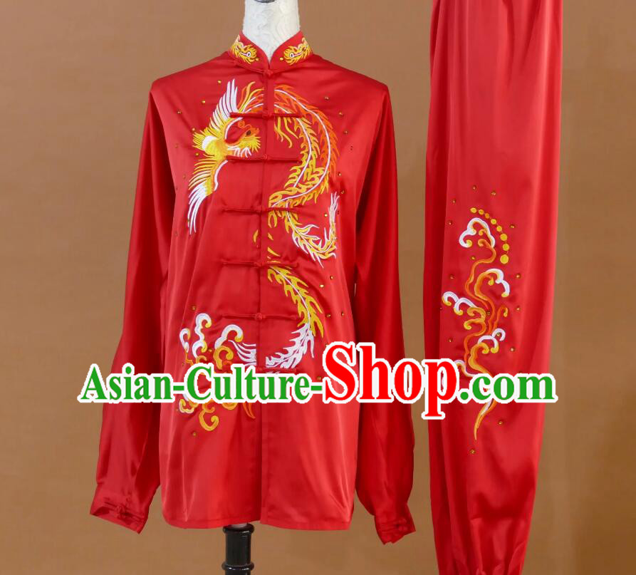 Top Phoenix Embroidery Tai Chi Red Uniform Taiji Chuan Training Suit Kung Fu Costume Martial Arts Clothing