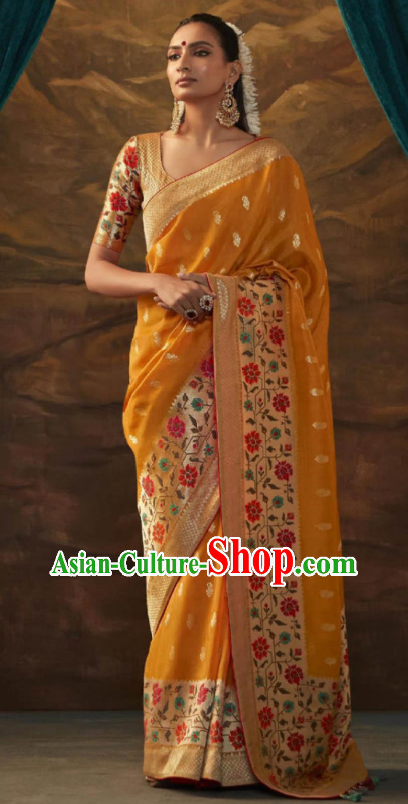 India National Orange Sari Indian Traditional Clothing Woman Festive Dress